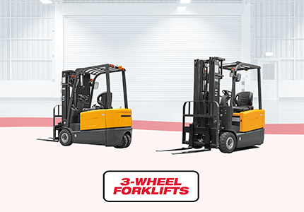 Compact and maneuverable, two UN 3-wheel forklifts suited for tight spaces.