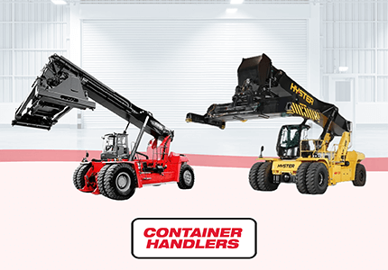 Kalmar and Hyster container handlers displayed, highlighting port-handling capability.