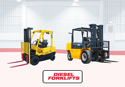 A diesel-powered UN forklift next to a Hyster forklift, ideal for outdoor use.