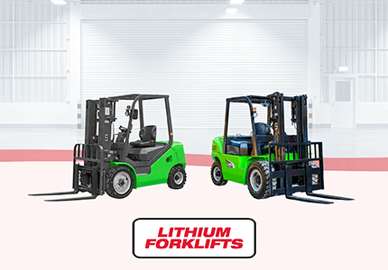Two UN lithium-powered forklifts, highlighting eco-friendly and energy-efficient performance.