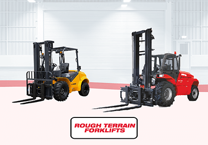 A rugged UN forklift next to a Manitou forklift, perfect for off-road material handling.