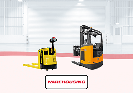 Hyster warehousing equipment, including pallet movers and stackers.